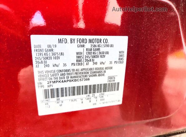 2FMPK4AP8KBC57366 2019 FORD EDGE Red VIN sticker view