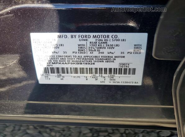 2FMPK4AP9KBB18928 2019 FORD EDGE Black Панорамний вид салону 360°