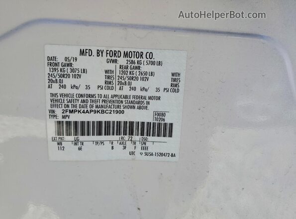 2FMPK4AP9KBC21900 2019 FORD EDGE White VIN კოდის სტიკერის ხედი