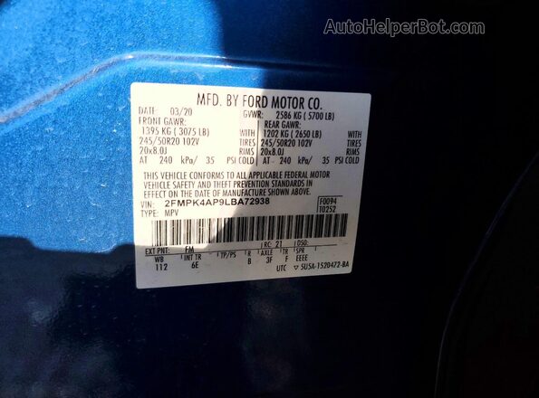 2FMPK4AP9LBA72938 2020 FORD EDGE Синий Вид наклейки с VIN-кодом