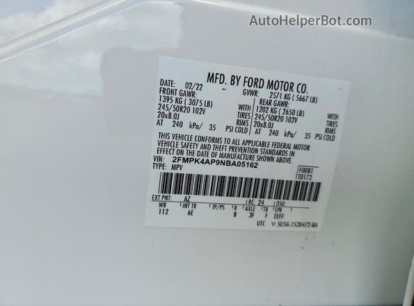 2FMPK4AP9NBA05162 2022 FORD EDGE White 