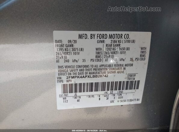 2FMPK4APXLBB28742 2020 FORD EDGE Silver Widok komory silnika