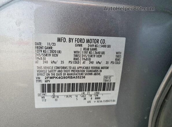2FMPK4G90RBA55236 2024 FORD EDGE Silver Vista interior de 360 grados