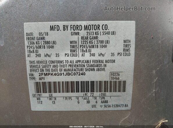 2FMPK4G91JBC07240 2018 FORD EDGE Silver 