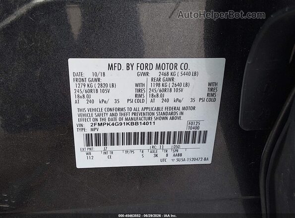 2FMPK4G91KBB14011 2019 FORD EDGE Brown Вид підкапотного простору