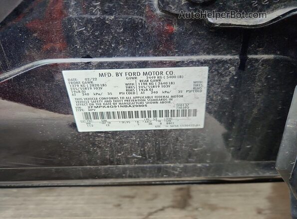 2FMPK4G91NBA29805 2022 FORD EDGE Black VIN կոդի պիտակի տեսք