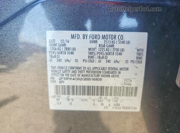 2FMPK4G92GBB16809 2016 FORD EDGE Gray VIN sticker view