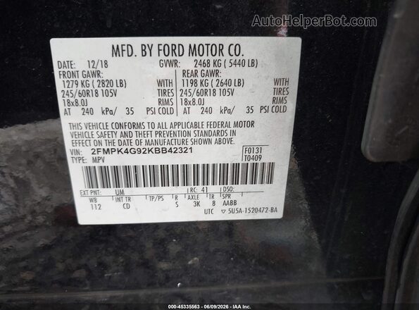 2FMPK4G92KBB42321 2019 FORD EDGE Black Vista del compartimento del motor