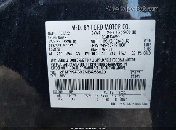 2FMPK4G92NBA58620 2022 FORD EDGE Black Engine compartment view