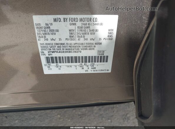 2FMPK4G93KBC39270 2019 FORD EDGE Black Vista del compartimento del motor
