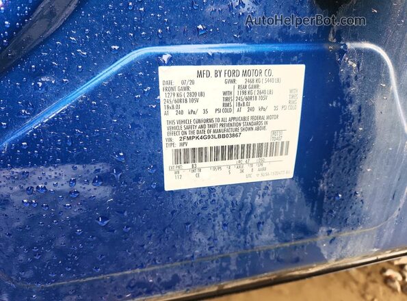2FMPK4G93LBB03867 2020 FORD EDGE Синий Вид наклейки с VIN-кодом