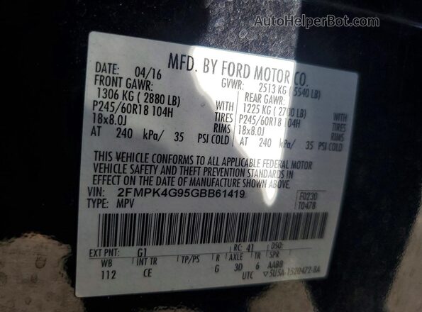 2FMPK4G95GBB61419 2016 FORD EDGE Black Widok naklejki z numerem VIN