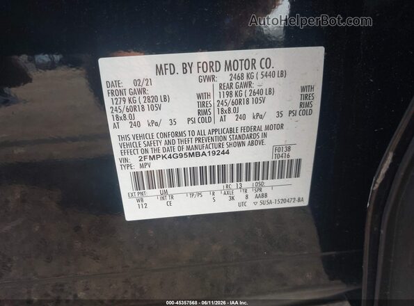 2FMPK4G95MBA19244 2021 FORD EDGE Black Widok komory silnika