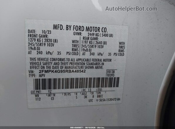 2FMPK4G95RBA48542 2024 FORD EDGE White Widok komory silnika