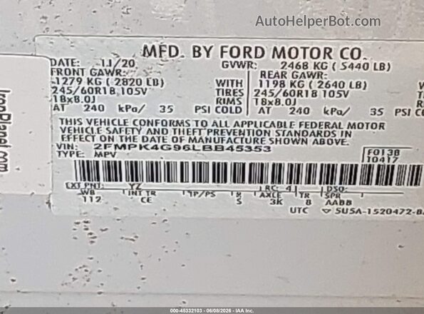 2FMPK4G96LBB45353 2020 FORD EDGE White Engine compartment view