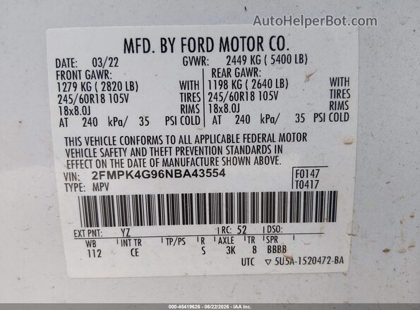 2FMPK4G96NBA43554 2022 FORD EDGE White Widok komory silnika