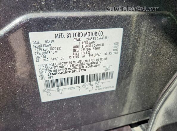 2FMPK4G97KBB92728 2019 FORD EDGE Серый Вид наклейки с VIN-кодом