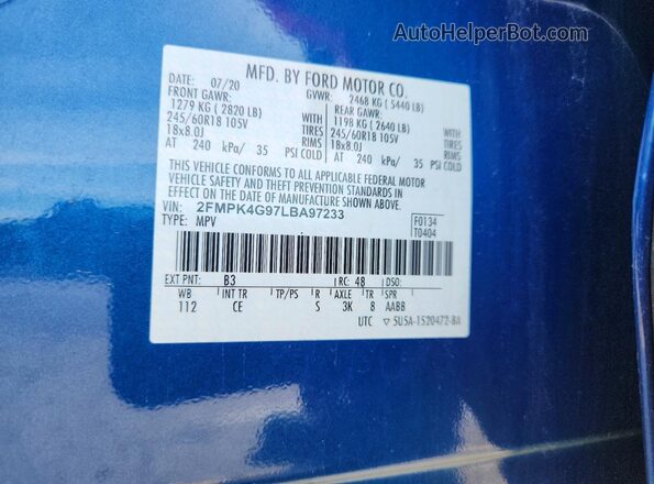 2FMPK4G97LBA97233 2020 FORD EDGE Blue Vista de la etiqueta del VIN