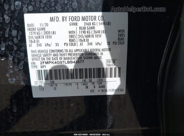 2FMPK4G97LBB43577 2020 FORD EDGE Black Widok komory silnika
