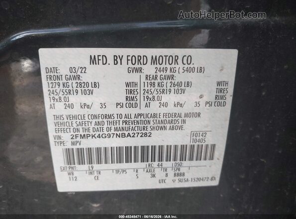 2FMPK4G97NBA27282 2022 FORD EDGE Серый Вид подкапотного пространства