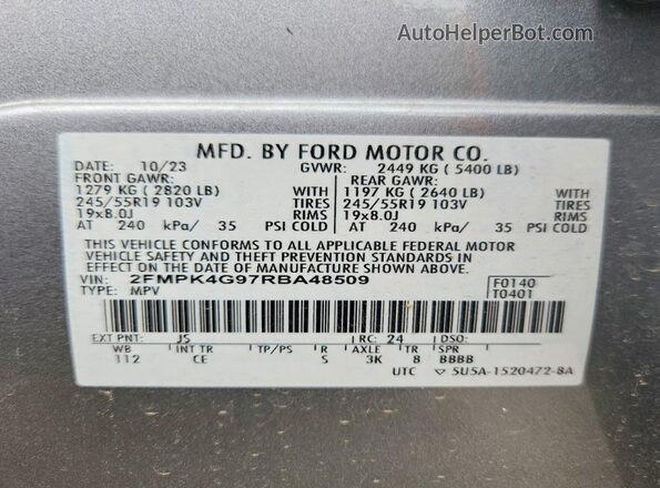 2FMPK4G97RBA48509 2024 FORD EDGE Silver Панорамний вид салону 360°