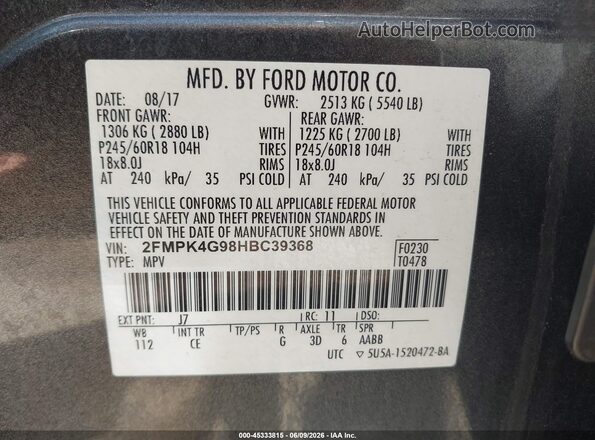 2FMPK4G98HBC39368 2017 FORD EDGE Gray Вид підкапотного простору