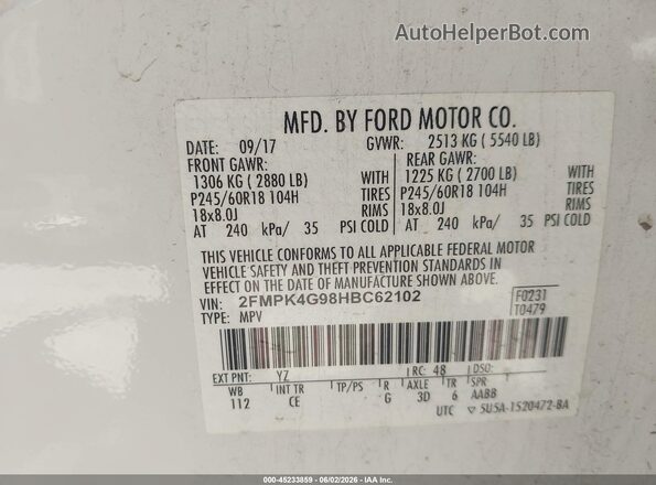 2FMPK4G98HBC62102 2017 FORD EDGE White Engine compartment view
