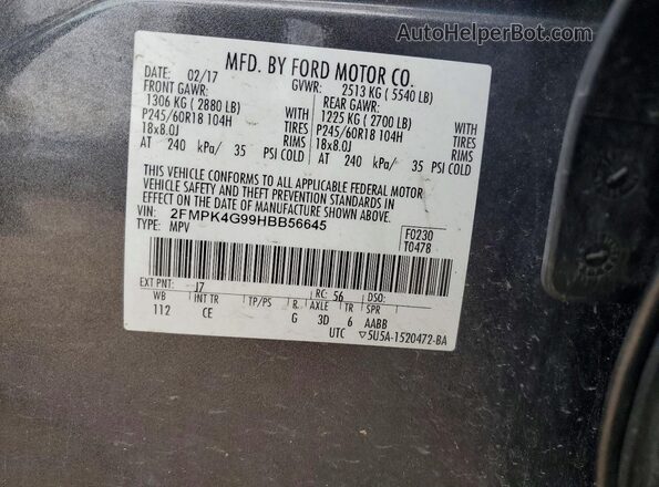 2FMPK4G99HBB56645 2017 FORD EDGE Gray Vista de la etiqueta del VIN