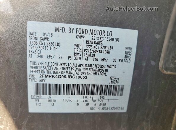 2FMPK4G99JBC19653 2018 FORD EDGE Charcoal VIN կոդի պիտակի տեսք