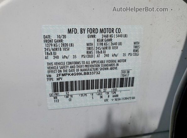 2FMPK4G99LBB33732 2020 FORD EDGE White Vista de la etiqueta del VIN