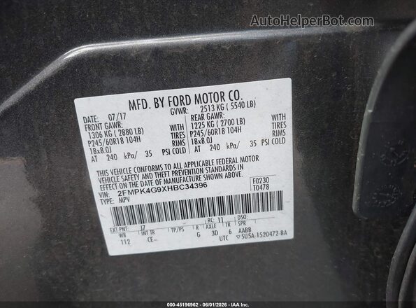 2FMPK4G9XHBC34396 2017 FORD EDGE Gray Вид підкапотного простору