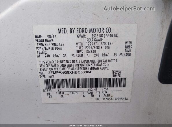 2FMPK4G9XHBC53384 2017 FORD EDGE White ძრავის განყოფილების ხედი