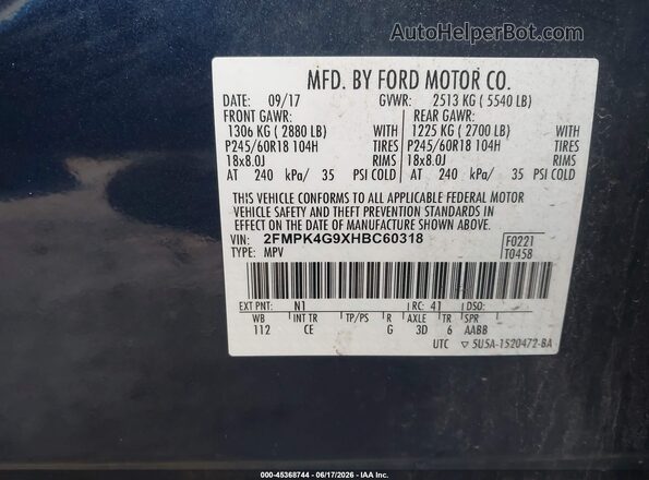 2FMPK4G9XHBC60318 2017 FORD EDGE Dark Blue Вид підкапотного простору