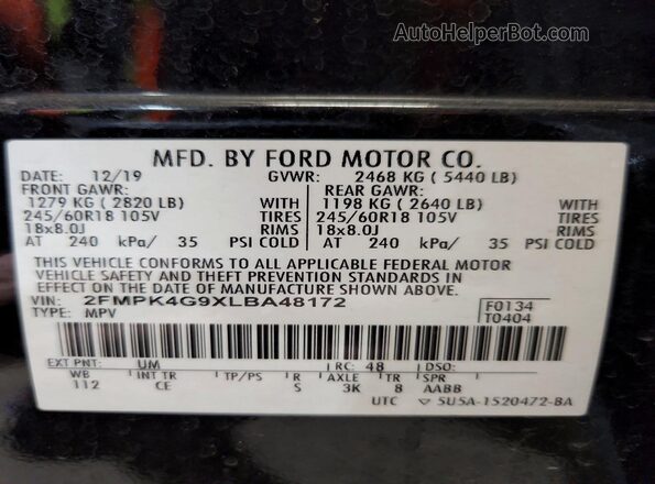 2FMPK4G9XLBA48172 2020 FORD EDGE Black VIN კოდის სტიკერის ხედი