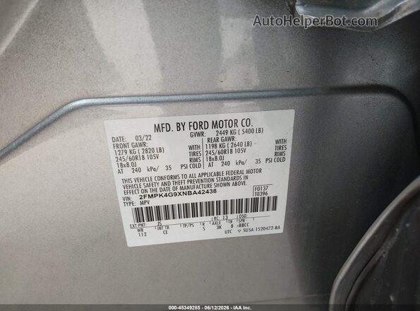 2FMPK4G9XNBA42438 2022 FORD EDGE Silver Vista del compartimento del motor