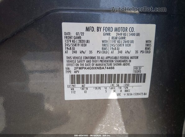 2FMPK4G9XNBA74466 2022 FORD EDGE Gray Շարժիչի բաժամունքի տեսք
