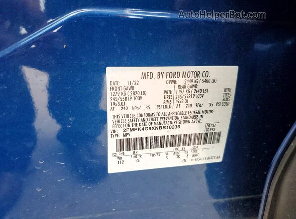 2FMPK4G9XNBB10236 2022 FORD EDGE Blue VIN sticker view