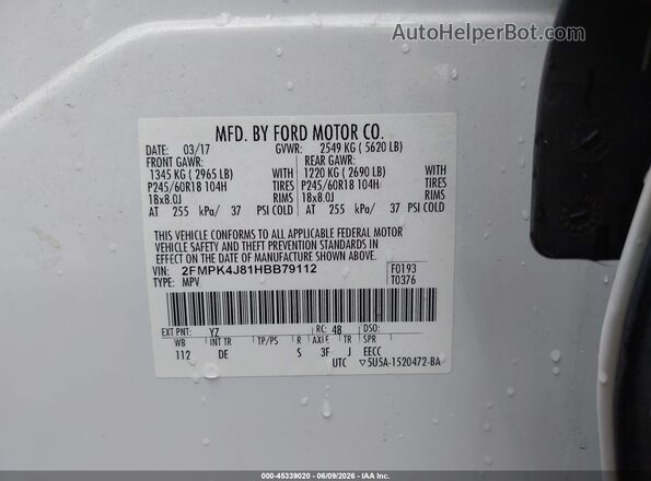 2FMPK4J81HBB79112 2017 FORD EDGE White Вид підкапотного простору