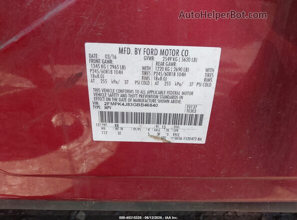 2FMPK4J83GBB46840 2016 FORD EDGE Red Engine compartment view