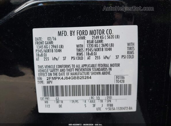 2FMPK4J84GBB25284 2016 FORD EDGE Черный Вид подкапотного пространства