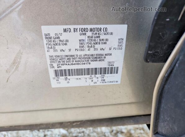 2FMPK4J84HBC04178 2017 FORD EDGE Tan VIN կոդի պիտակի տեսք