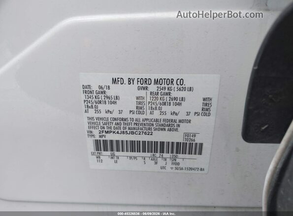 2FMPK4J85JBC27622 2018 FORD EDGE White ძრავის განყოფილების ხედი