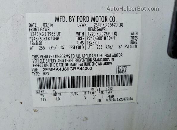 2FMPK4J86GBB44063 2016 FORD EDGE White Widok wnętrza 360 stopni