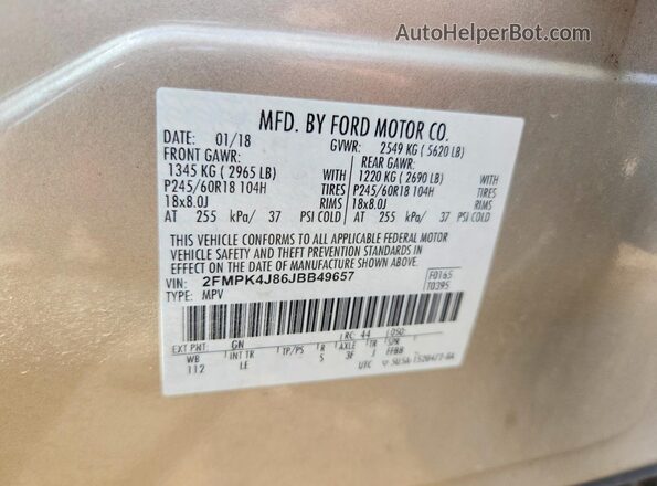 2FMPK4J86JBB49657 2018 FORD EDGE Золотой Вид подкапотного пространства