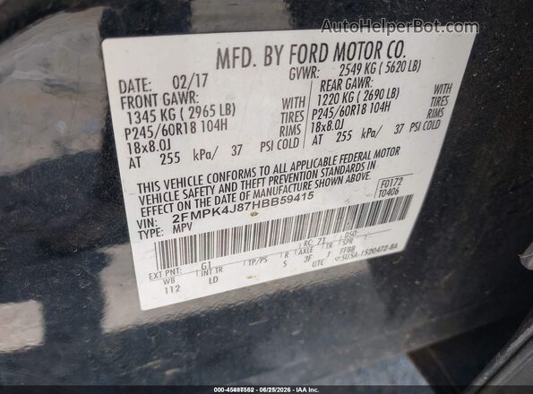2FMPK4J87HBB59415 2017 FORD EDGE Black ძრავის განყოფილების ხედი
