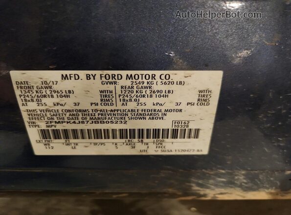 2FMPK4J87JBB05232 2018 FORD EDGE Blue VIN sticker view