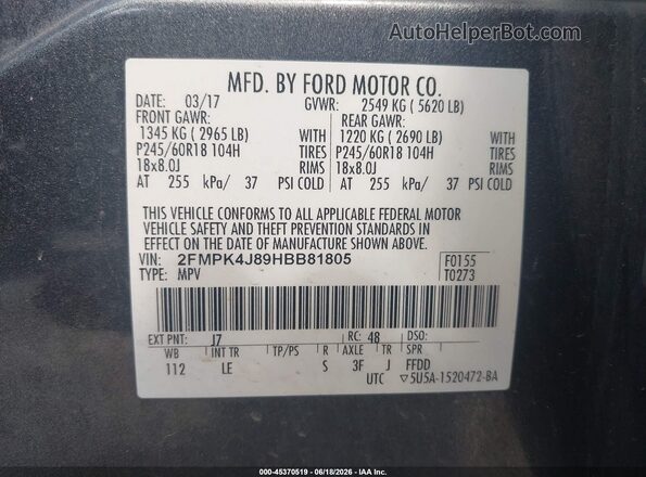 2FMPK4J89HBB81805 2017 FORD EDGE Gray ძრავის განყოფილების ხედი