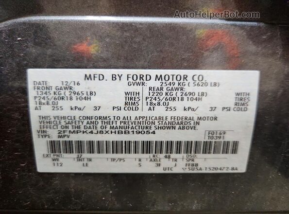 2FMPK4J8XHBB19054 2017 FORD EDGE Gray 360 interior view