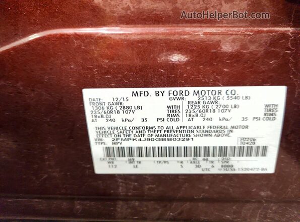 2FMPK4J90GBB03291 2016 FORD EDGE Brown VIN կոդի պիտակի տեսք
