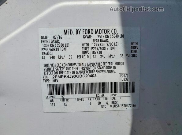 2FMPK4J90GBC20403 2016 FORD EDGE White VIN sticker view